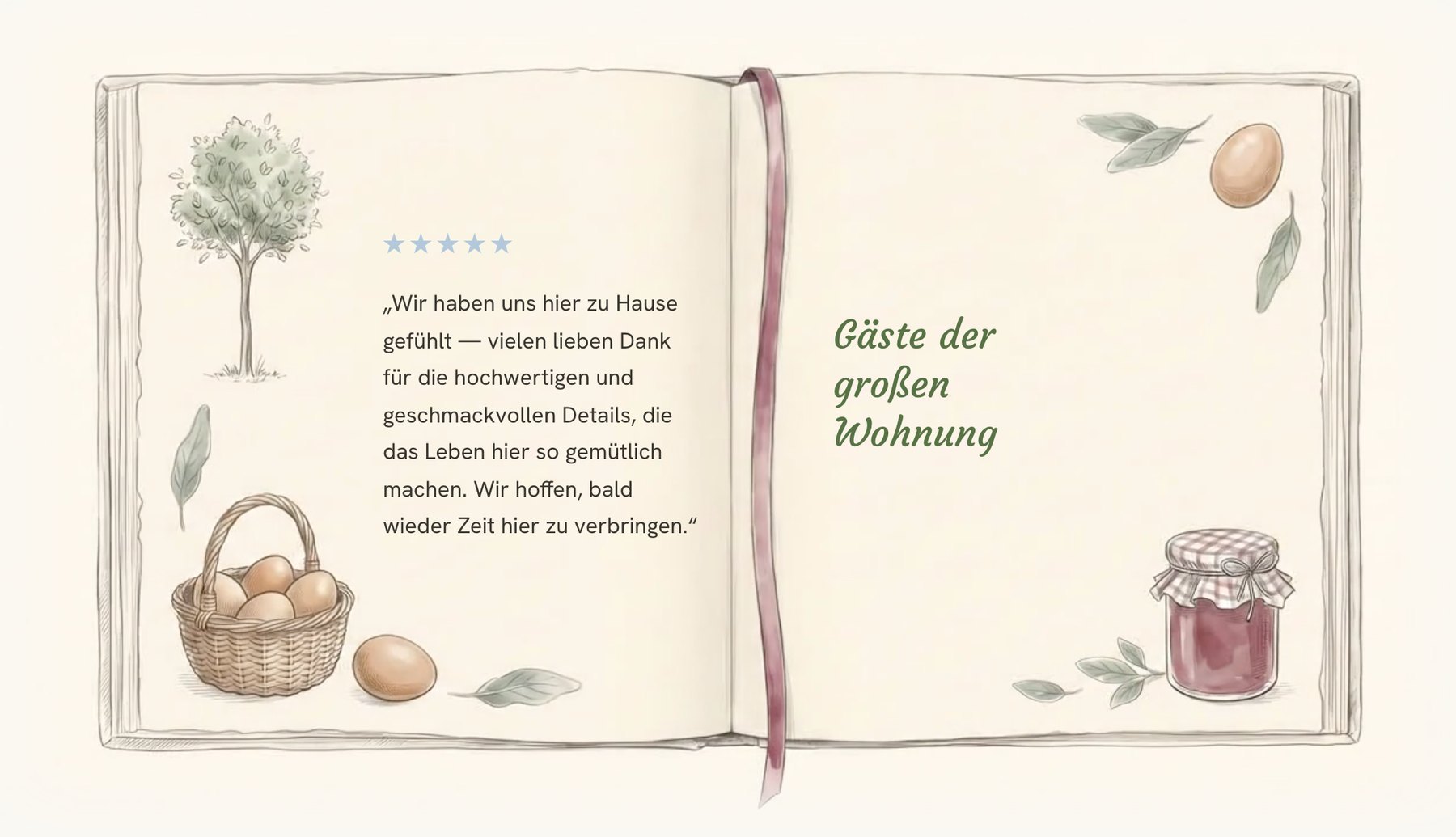 Illustriertes Gästebuch auf ferienwohnungen-am-schloss.com mit einem Gästeeintrag und fünf Sternen